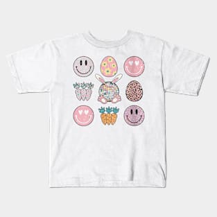 Retro Groovy Bunny Smile Disco Eggs Carrot Happy Easter Day Kids T-Shirt